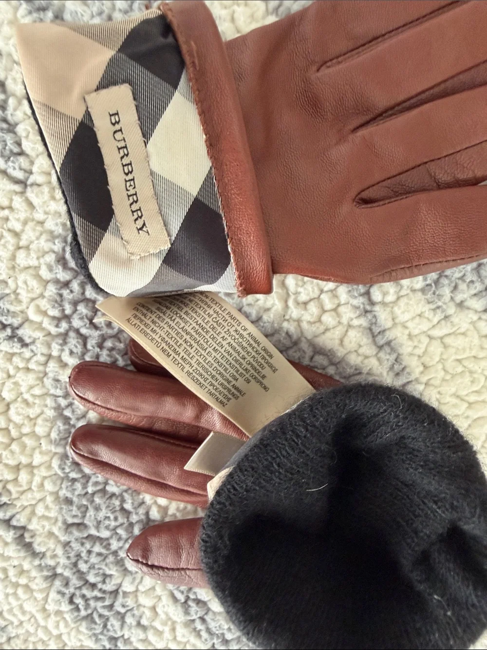 Burberry Brown Leather Gloves Nova Check Lining Women’s Size 7.5